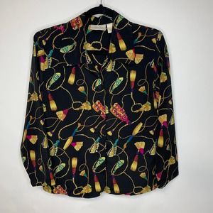 Vintage 80s Black Button Up Blouse with Colorful Tassels & Belts Pattern Medium